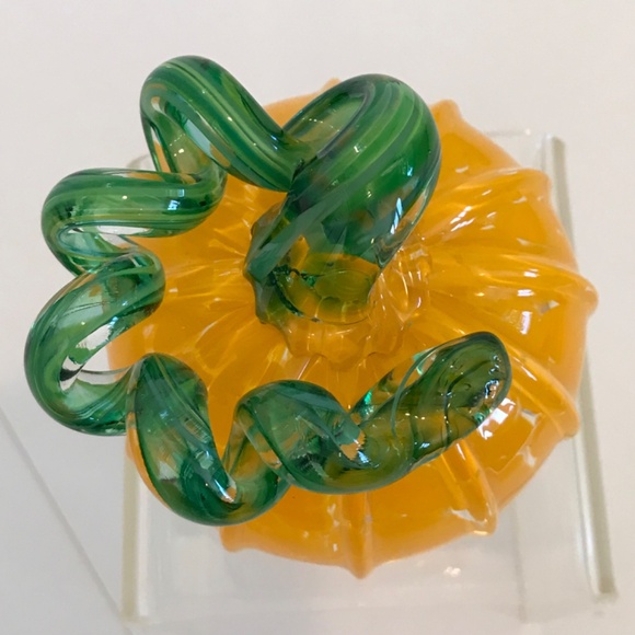 Art Blown Glass Pumpkin Curly Stem 3” Orange and Green - Picture 6 of 16
